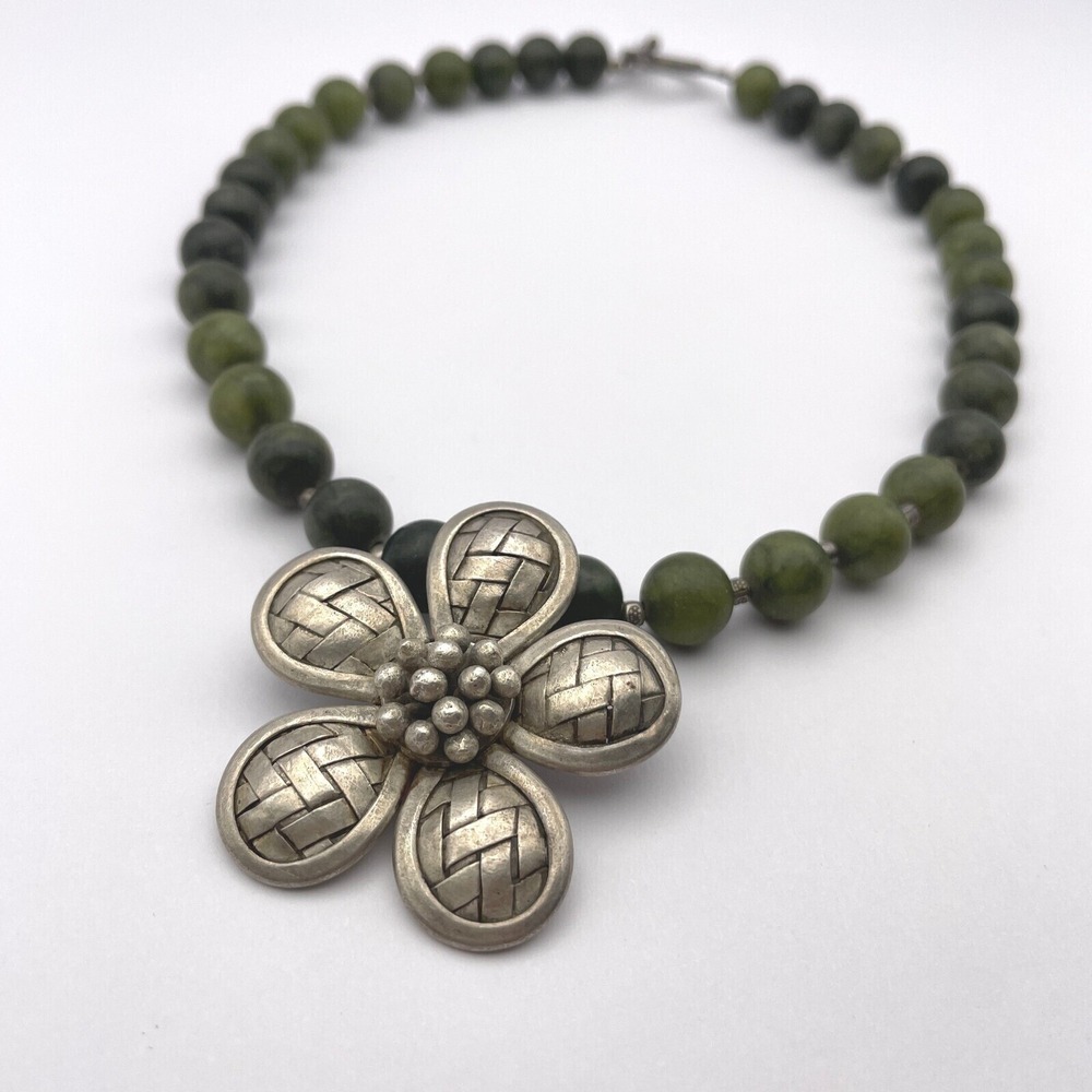 Irish Green Connemara Marble Beaded Necklace with Sterling Silver Flower Pendant